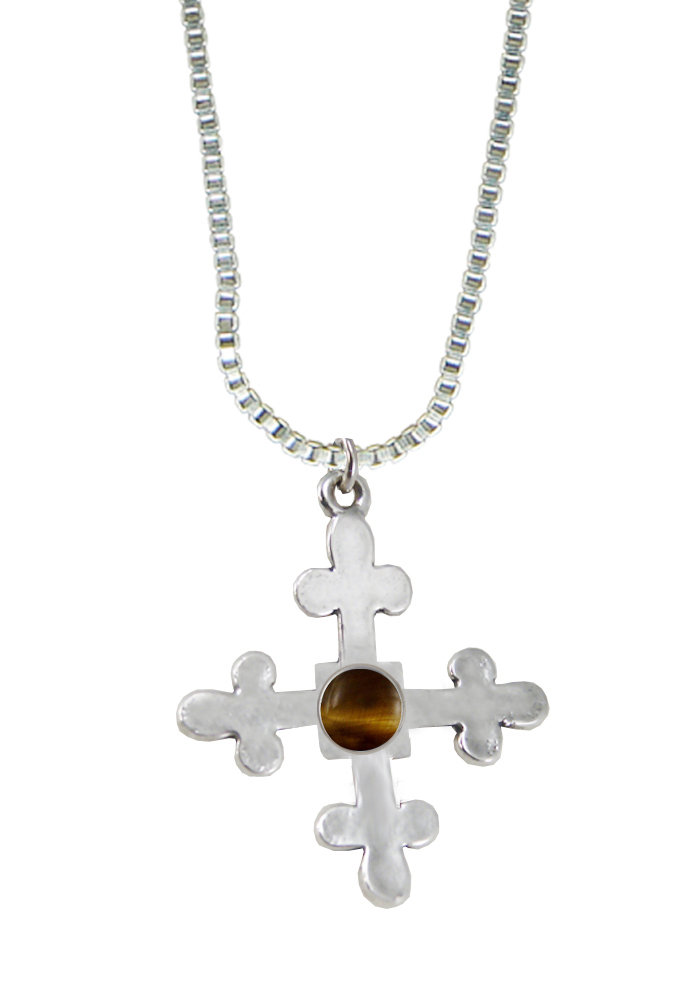 Sterling Silver Budded Cross Pendant With Tiger Eye